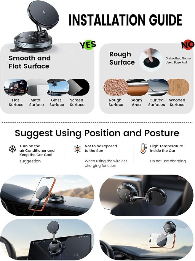 Lamicall 15W for MagSafe Car Mount Charger, 360° Wireless Car Phone Holder | Dual USB-C Ports Magnetic Phone Holder for Car, 70 LBS Vacuum Suction Phone Mount for iPhone 17 16 Pro Max Truck Jeep Black - Image 8