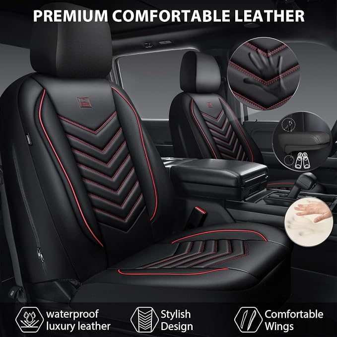 CAR PASS 3D Foam Faux Leather Seat Covers Full Set, Red Waterproof Leather Seat Cover for Cars,Luxury Universal Fit for SUV Truck Sedan Automotive,Armrest Airbag Compatible Anti-Slip,Black and Red - Image 2