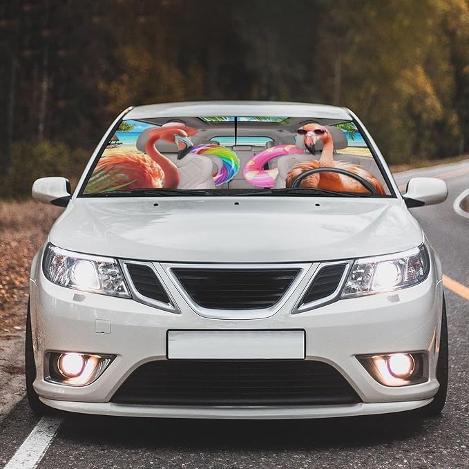 Funny Flamingo Car Windshield Sun Shade Umbrella Automotive Windshield Sunshade Foldable Front Car Accessories Interior Decor to Keep Vehicle Cool for Most Vehicles 57'' X 30'' - Image 2