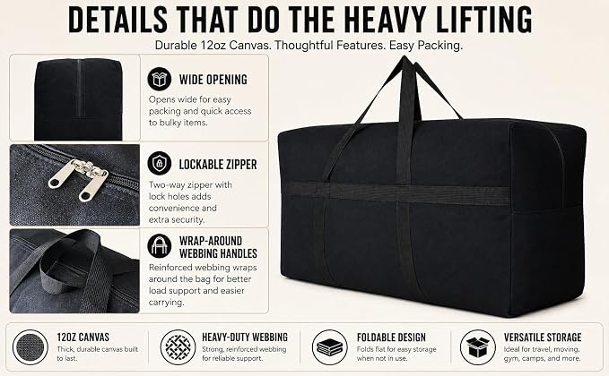 YiKitHom Extra Large Storage Canvas Duffle Bag with Zippers and Handles, Big Foldable Duffle Bag for Travel 60L - Image 4