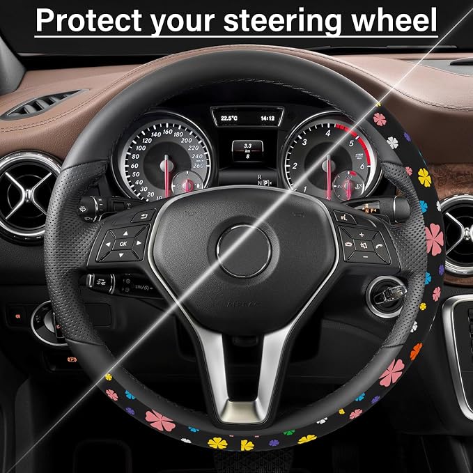 Steering Wheel Cover Neoprene Material Most Cars Men&Women Universal 15 inch Premium Non-Slip Spring Steering Wheel Protector Floral Car Accessories (Lucky Clever) - Image 5