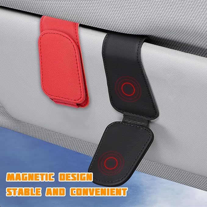 Sunglasses Holder for Car Visor, Microfiber Leather Magnetic Sun Visor Eyeglasses Hanger & Ticket Card Clip, Multi-Function Automotive Interior Glasses Mount, Universal Fit (Red) - Image 3