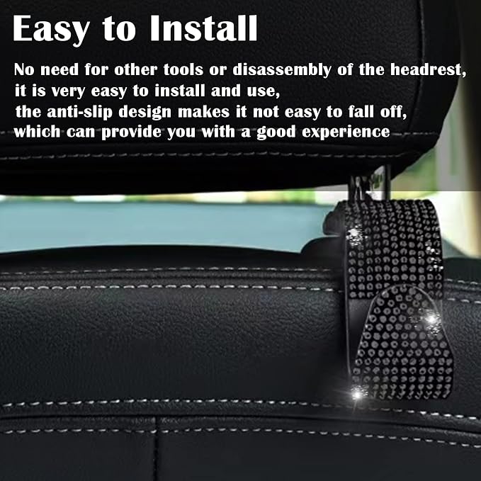OSIFIT 2PCS Car Seat Hooks - Bling Rhinestone Headrest Hooks with Universal Design - Perfect for Holding Handbags, Clothes, Purses, and Water Bottles - Black - Image 3