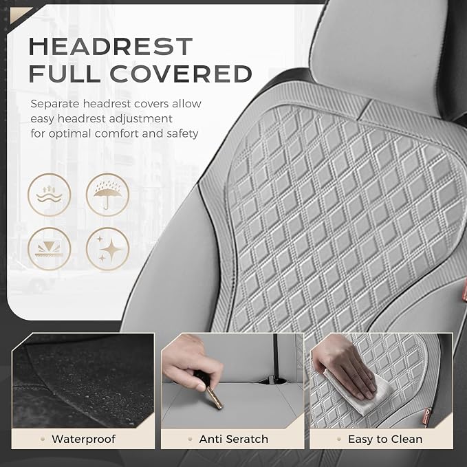 Coverado Car Seat Covers 5 Seats, Luxury Diamond Leather Seat Covers Full Set, Carbon Fiber Textured Design, Durable Waterproof Seat Protectors, Automotive Seat Covers Universal Fit Most Cars, Gray - Image 3