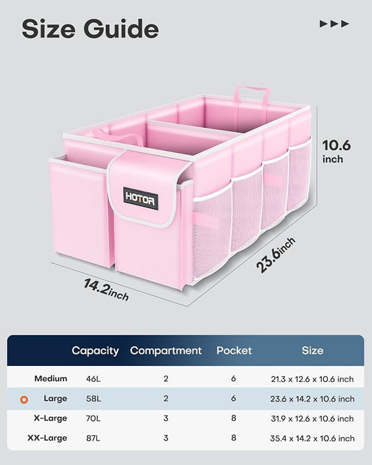 HOTOR Trunk Organizer - Foldable Car Organizer for SUVs & Sedans Storage | Sturdy Car Organization for Men & Women, Car Accessories, Tools, Sundries, Pink, 2 Compartments, 23.6" x 14.2" x 10.6" - Image 2