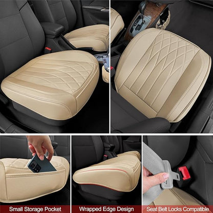 BEITK 2 Pack Beige Leather Front Bottom Car Seat Covers | PU leather,Waterproof, Full Wrap, non-slip, with Storage Pocket, Universal Fit for Sedan Truck SUV, Easy to Install - Image 4