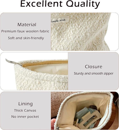RSRSLEII Travel Woven Woolen Makeup Bag, Vintage Toiletry Bag(03Beige Wool) | Aesthetic Portable Cosmetic Bag with Zipper, Cute Makeup Pouch with Canvas Lining, Car Storage Bag for Women and Girls - Image 4