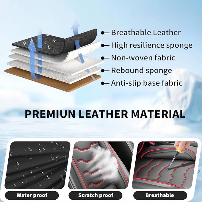 Fit Titan Car Seat Covers Premium Leather for Nissan Titan 2009-2023 2024. Waterproof， Breathable, Scratch-Resistant & All-Weather Seat Cushion Protector（2 Front Seats,Red Line Black - Image 7