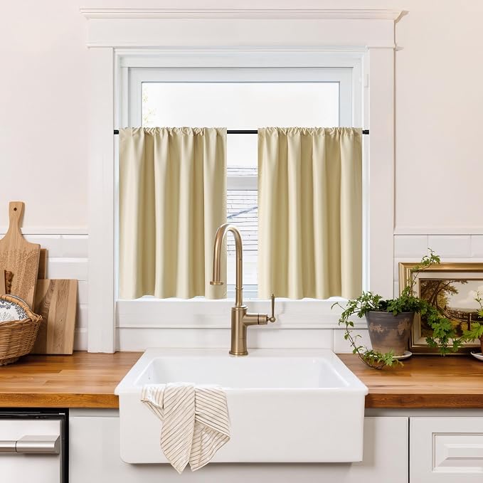 RYB HOME 100% Blackout Basement Curtains 24 inches Long, Heat & UV Blocking | Total Room Darkening, Noise Reducing, Curtains for Bathroom RV Campers, W34 x L24, Biscotti Beige, 2 Panels by RYBHOME