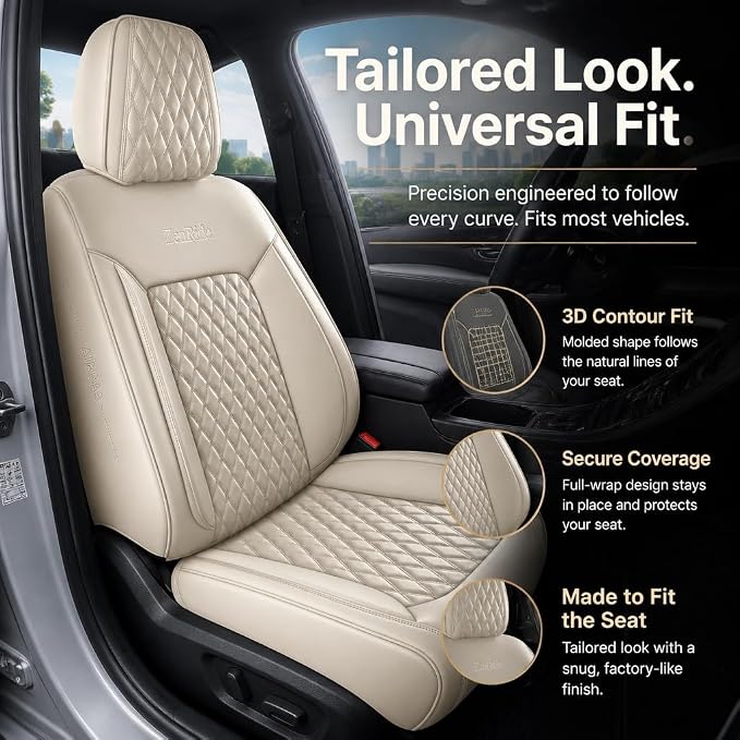 Beige Thick Nappa Leather Automotive Front Car Seat Covers Set of 2 | Univerasal Fit,3D Contoured,Full Coverage,Waterproof,ThickTexture Nappa Leather,for most Suvs Trucks Sedans - Image 4