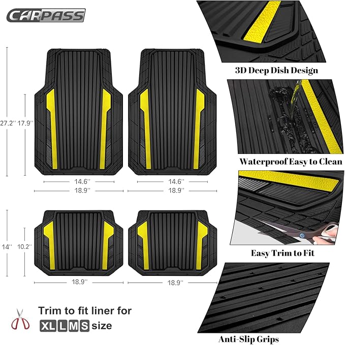 CAR PASS Yellow Car Mats Metallic, Aluminum Film All Weather Rubber Lemon Yellow car Floor Mats Waterproof Universal Trim to Fit SUV Sedan Van Truck 4 Piece Deep Dish Heavy Sporty Black Yellow Chrome - Image 4