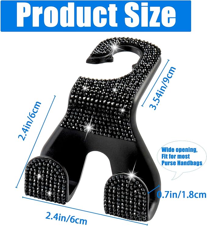 Bling Car Purse Hooks 2Pcs, Rhinestones Car Headrest Hook Backseat | Double Hooks,Holds 44Lbs,Wide Opening,Durable Nylon,Car Seat Hook,Purse Holder,Bling Car Accessories for Women,Black - Image 5