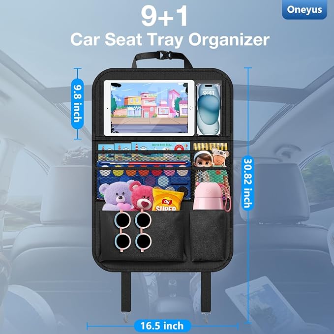 Car Backseat Organizer with Table Tray(2-Pack) 9 Storage Pockets Backseat Car Organizer and storage with Tablet Holder, Kick Mats Back Seat Cover for Kids family Road Trip Essentials Travel | 600d Oxford Fabric, Waterproof & Easy-Clean, Foldable Tray S... - Image 7