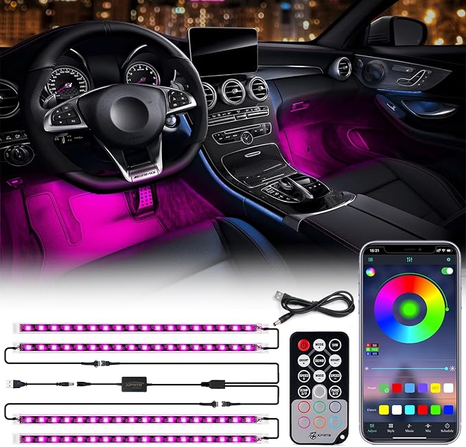 Xprite RGB LED Car Interior Bluetooth USB Light Strip, w/Wireless Remote and APP Control,4 PCS Under Dash Footwell Ambient Lights Kits, DIY Music Mode Universal for Vehicle Internal, SUV, Trucks by Xprite