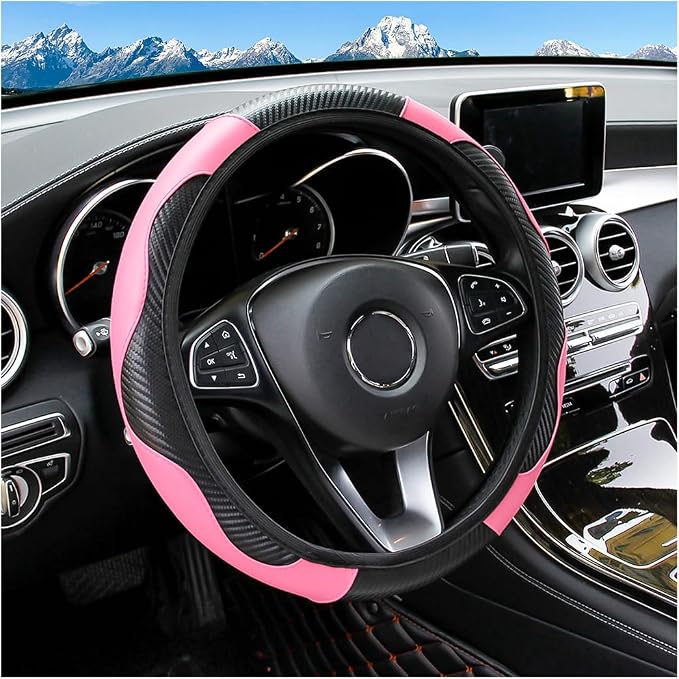 Osilly 15 Inch Carbon Fiber PU Leather Steering Wheel Cover, Pink | full-wrap protective surface, flexible ringless design, hand-stretch setup, fits matching rim sizes, automotive accessories by Osilly