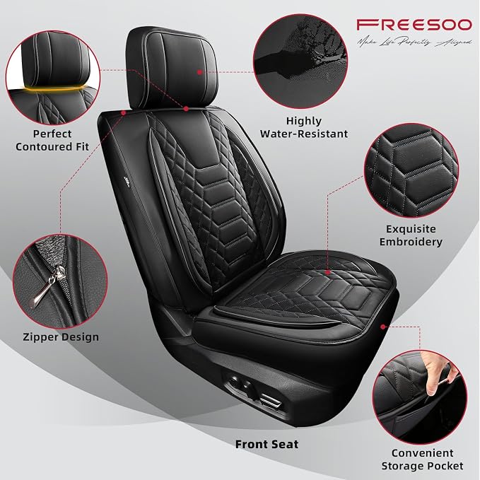 FREESOO Custom for Toyota Tundra Seat Covers 2022-2026 Crewmax Double Cab | Custom Fit, Full Set, 60/40 Split Bench, Waterproof Leather, for Truck Toyota Tundra Accessories, Black - Image 5