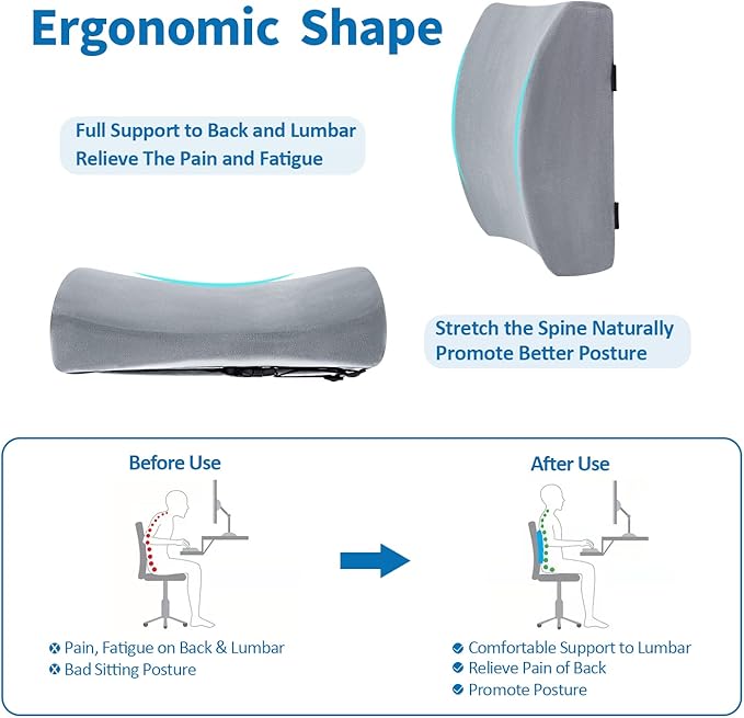 SAIREIDER Lumbar Pillow, Memory Foam Office Chair Back Support Pillows Back Pain Relief Improve Posture, Lumbar Support Pillow for Car、Gaming Chair、 Home Chair, Double Adjustable Straps(Grey) - Image 2