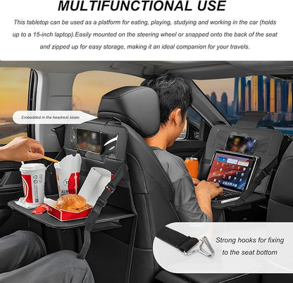 Car Steering Wheel Tray, Foldable Car Laptop Desk Eating Food Tray with Transparent Holder & Tissue Box, Adjustable Back Seat Headrest Table for in-Car Dining Working Studying (Red) - Image 4