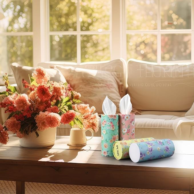 Outus 12 Pcs Spring Floral Car Tissues Cylinder Holder Flowers Round Tissue Box Cup Holder 3 Ply Facial Napkins Napkins Container for Car Home Office Dispenser Travel - Image 6