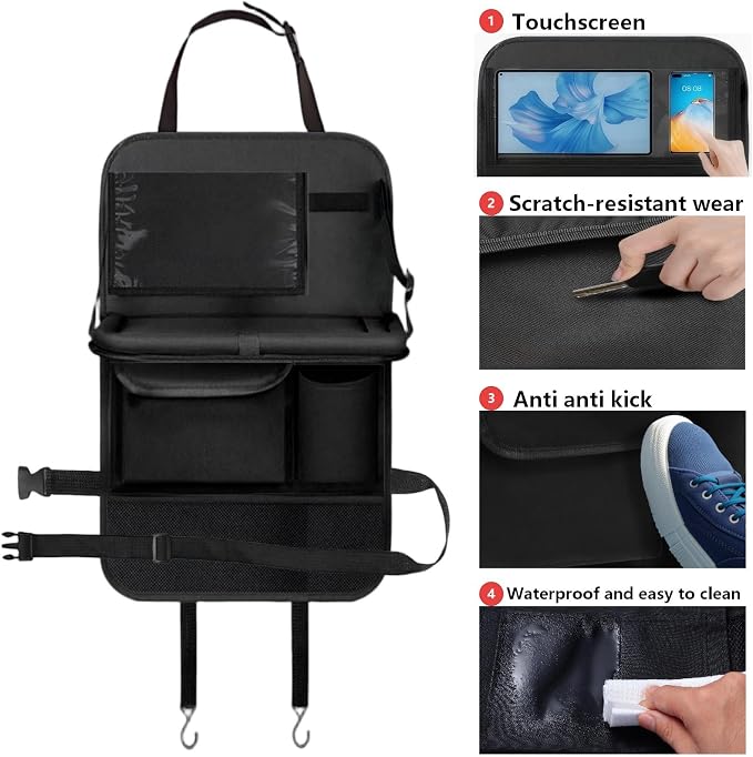 TCJJ: Car Seat Organiser Kick Mats Back Seat Protector (1) | with Tray and Touch Screen Tablet Storage Car Organiser Backseat Vehicle for Kids, SUV, Minivan or Truck Seats - Image 6