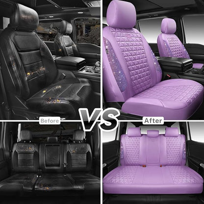CAR PASS Light Purple Bling Diamond Leather Car Seat Covers Full Sets, Waterproof Shining Glitter Sparkly Crystal Universal Armrest Fit for Automotive Truck SUV Cute Women Girl,Lavender Rhinestone - Image 7