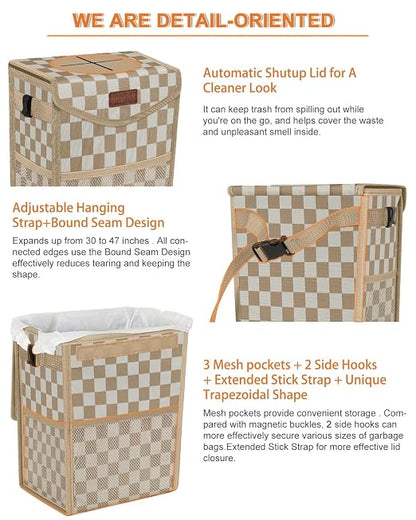 Pritent Car Trash Can with Lid Leakproof Car Garbage Bag Vehicle Trash Bin | Hanging Automotive Garbage Can,Multipurpose Car Accessories for Women Interior Car Storage Organizer(2 Gal,Khaki Checkered) - Image 4