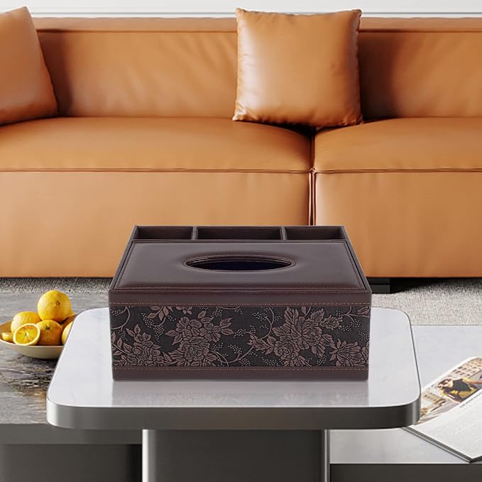 Tissue Box Cover Rectangle Retro Tissue Box Holder PU Leather Facial Tissues Organizer,Multifunctional Remote Control Stationery Storage Box,Home Office Supplies Car Napkin Caddy - Image 2