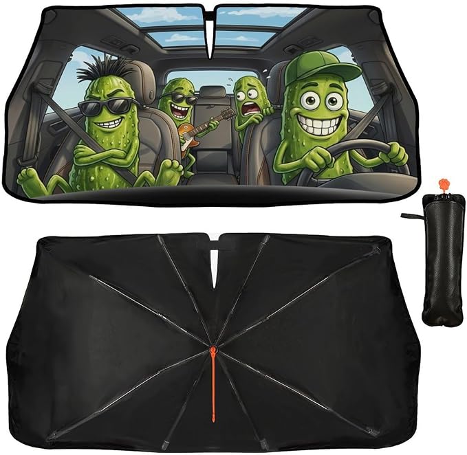 Socira Funny Pickle Car Windshield Sun Shade Umbrella Pickle Gifts | Foldable Sunshade for Front Window Auto Windshield Sunshade Covers Car Accessories Protect from Sun Rays Heat 57'' X 30'' - Image 9