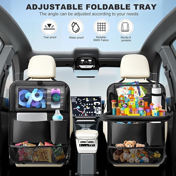 2Pack Car Backseat Organizer with Foldable Table Tray,6 Storage Pockets Car Storage Organizer with Tablet Holder,Car Seat Back Protectors Kick Mats Travel Accessories (Black) - Image 2
