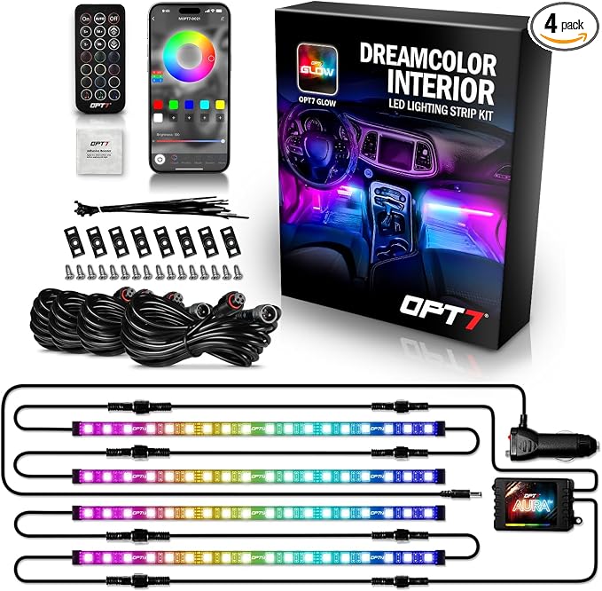 OPT7 Aura DreamColor RGBIC Interior Car Lights with App & Remote, 4PC Kit | Chasing Light Effects, Rainbow Ambient Glow, Multicolor LED Strips, SUV Under Dash Decor, Music Sync Lighting by OPT7