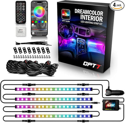 OPT7 Aura DreamColor RGBIC Interior Car Lights with App & Remote, 4PC Kit | Chasing Light Effects, Rainbow Ambient Glow, Multicolor LED Strips, SUV Under Dash Decor, Music Sync Lighting by OPT7