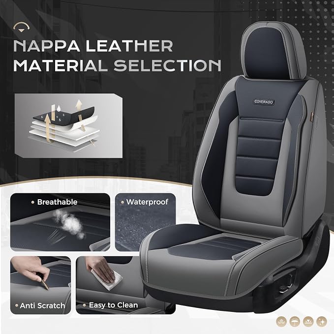 Coverado Car Seat Covers Front, Seat Covers for Cars, Waterproof 2-Pack Car Seat Cushions, Leather Carseat Seat Protectors, Universal Seat Covers Fit for Most Sedans SUV Pick-up Trucks(Gray&Black) - Image 5