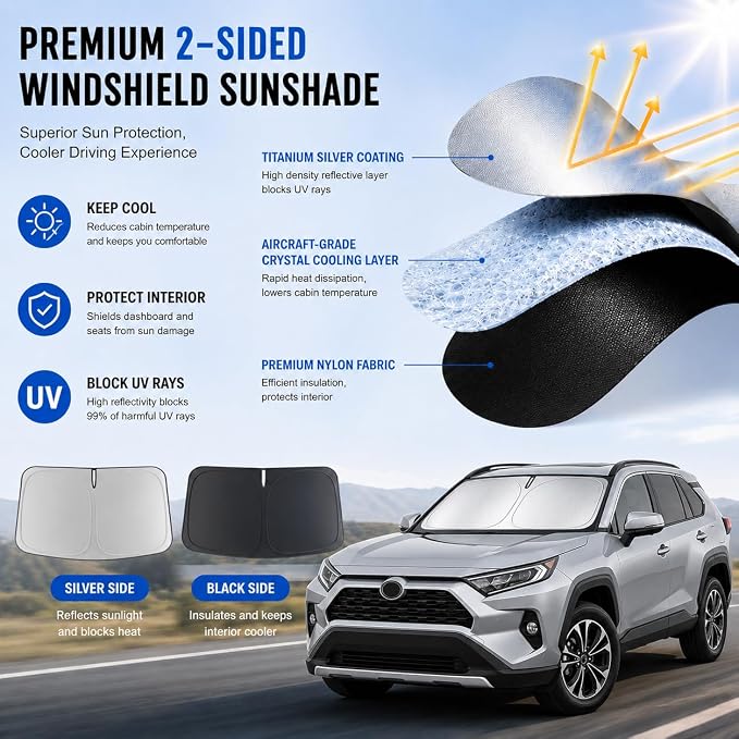 2026 New Upgrade Car Windshield Sun Shade Umbrella 300T Oxford | 57.08x31.5 Inch Fits Sedan SUV Truck Blocks UV & heat scratch resistant foldable with storage pouch protects dashboard - Image 2
