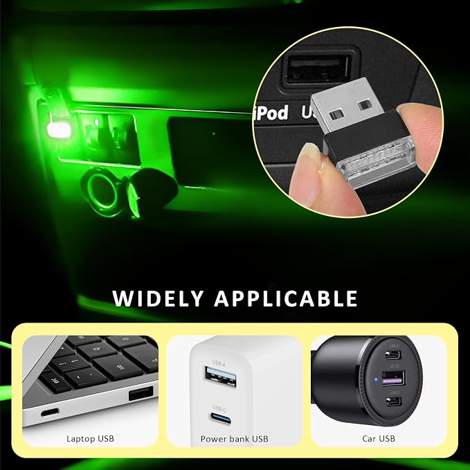 4PCS USB LED Car Interior Atmosphere Lamp, Plug-in USB Interface LED Night Lighting Decoration, Mini Portable Ambient Lights Kit Universal Interior Accessories for Most Cars (Green) - Image 5
