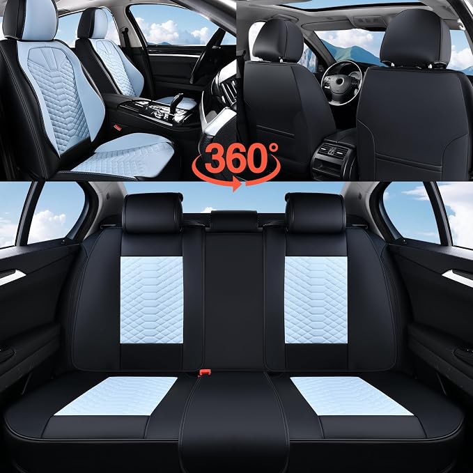Coverado Leather Seat Covers, Car Seat Covers Full Set, Waterproof Nappa Leather Car Seat Cover, Car Seat Protectors 5 Seats, Black & Blue Automotive Seat Covers Fit for Most Cars Trucks - Image 6