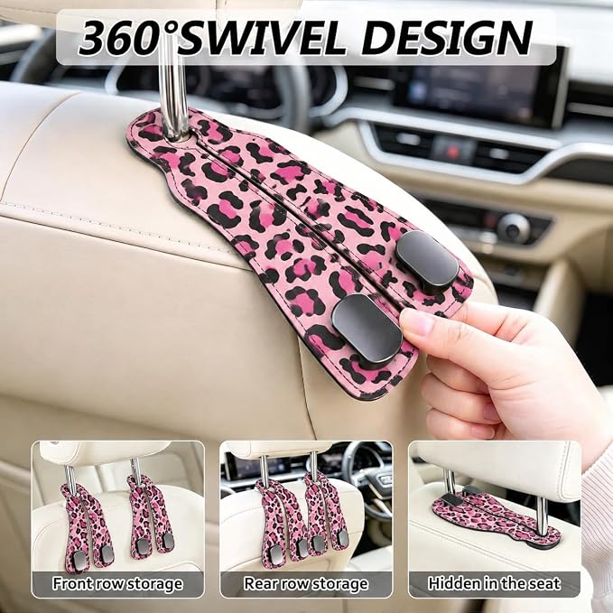 Cute Pink Leopard Car Seat Back Storage Headrest Hooks for Purses & Bags – 2PCS PU Leather Dual Metal Hooks, Backseat Organizer Accessories - Image 4