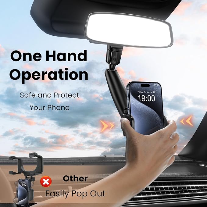 Rear View Mirror Phone Holder, 360° Rotating Car Phone Holder Mount Compatible with All 4-7 Inch iPhone and Android Cell Phones (Blue) - Image 5