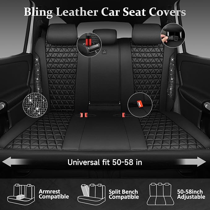 CAR PASS Bling Back Seat Cover, Waterproof Leather Bench Rear Seat Cover Shining Diamond Truck Glitter Crystal Sparkly Rhinestone Universal Fit Armrest Automotive Kid Women Girl, Black Diamond - Image 3