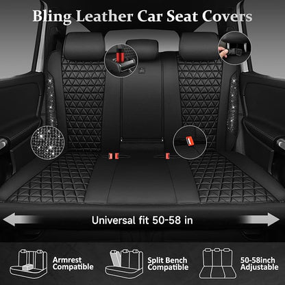 CAR PASS Bling Back Seat Cover, Waterproof Leather Bench Rear Seat Cover Shining Diamond Truck Glitter Crystal Sparkly Rhinestone Universal Fit Armrest Automotive Kid Women Girl, Black Diamond - Image 3