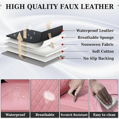 Coverado Car Seat Covers Full Set, Pink Leather Seat Covers for Cars, Universal Waterproof Car Seat Cover, Luxury Front and Back Car Seat Protector, Automotive Seat Covers Fit for Most Cars, Pink - Image 5
