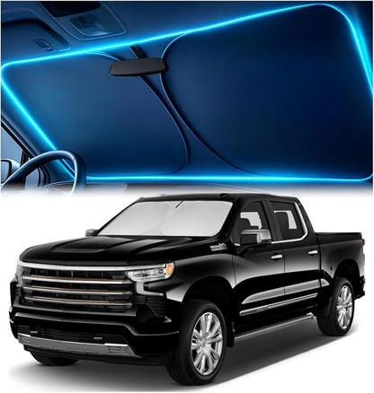 Windshield Sun Shade for Chevrolet Silverado 2019-2026 – Custom Fit Sun Shield with Mirror Cut‑Out, Blocks Heat & UV, Foldable with Storage Pouch - Chevy Silverado Windshield Sunshade by Autopect