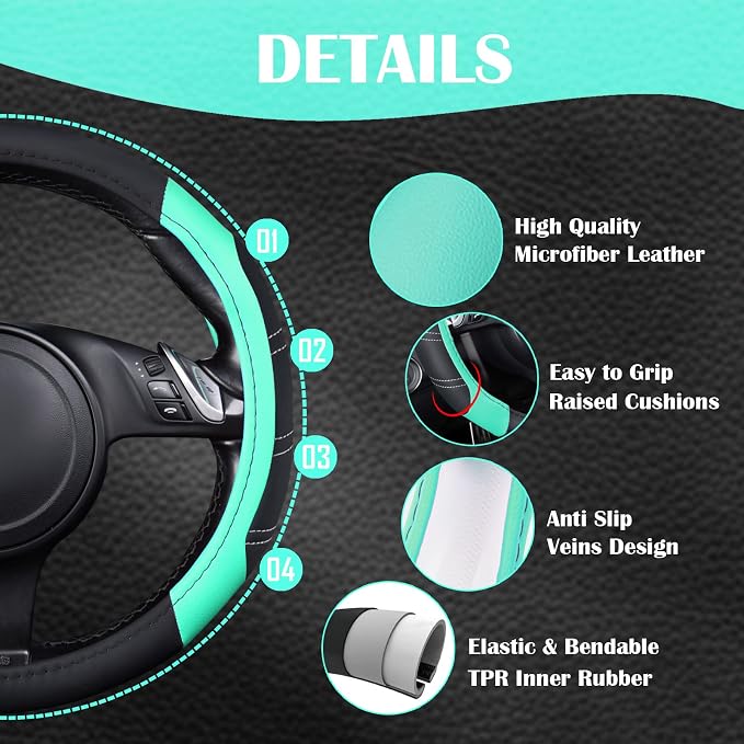 CAR PASS Line Rider Microfiber Leather Sporty Steering Wheel Cover Universal Fits for 95% Truck,SUV,Cars, 14.5-15 inch Anti-Slip Safety Comfortable Design (Black Mint Blue) - Image 3