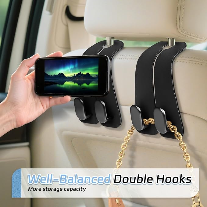 Car Seat Headrest Hooks, 2PCS Universal Car Purse Hook Leather Car Bag Hook | Black Car Bag Purse Holder with Double Metal Hooks for Handbags, Grocery Bags, Bottles, Phones - Image 4
