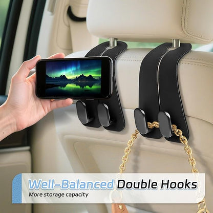 Car Seat Headrest Hooks, 2PCS Universal Car Purse Hook Leather Car Bag Hook | Black Car Bag Purse Holder with Double Metal Hooks for Handbags, Grocery Bags, Bottles, Phones - Image 4