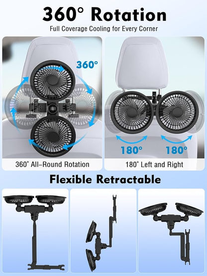 Car Fans for Backseat, 3600mAh Battery & USB Car Seat Fan with LED Display | 5V/2A,3 Speeds,360°Rotation, Dual Head Rechargeable Carseat Fan for Kids Baby Rear Facing Cooling Fan for Vehicle RV - Image 6