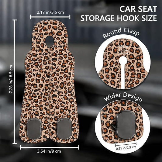 Cute Leopard Car Seat Back Storage Headrest Hooks for Purses & Bags – 2PCS PU Leather Dual Metal Hooks, Backseat Organizer Accessories - Image 2