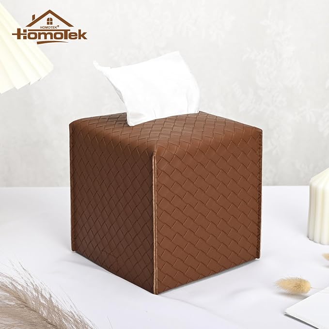 HOMOTEK 2 Pack Tissue Box Cover, Square PU Leather Tissue Holder, Decorative Facial Tissue Cube Paper Organizer Dispenser for Bathroom, Night Stands, Desk, Car 5X5X5'' - Woven Waffle,Chocolate - Image 3