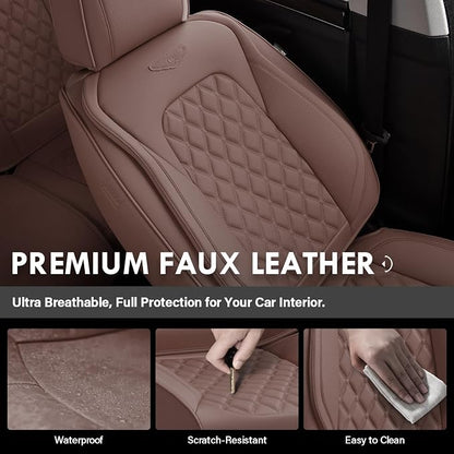 Coverado Full Set Car Seat Covers, Brown Leather Seat Protectors for Cars, Waterproof Luxury Front & Back Car Seat Covers, Universal Fit for Most Cars-Brown - Image 6