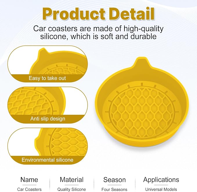 Car Cup Holder Coaster, Silicone Cup Holder Insert, Universal Non-Slip Cup Holders, Car Accessories Interior for Women and Man 4 Pack Yellow - Image 4