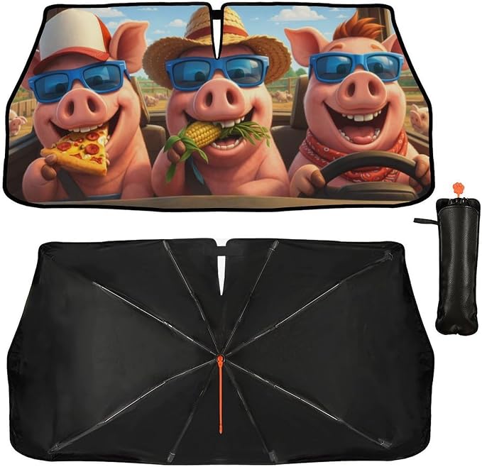 Funny Pig Car Windshield Sun Shade Umbrella Bendable Handle Foldable Animal Sunshade for Car Windshield Block UV Rays Keep Vehicle Cool for Most Sedans SUV Trucks Cars 57"x30" by DOPINDU